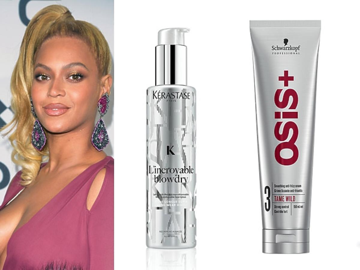 Beyonce z wysoko związanym kucykiem i głębokim dekoltem oraz zdjecia produktowe kosmetyków do stylizacji