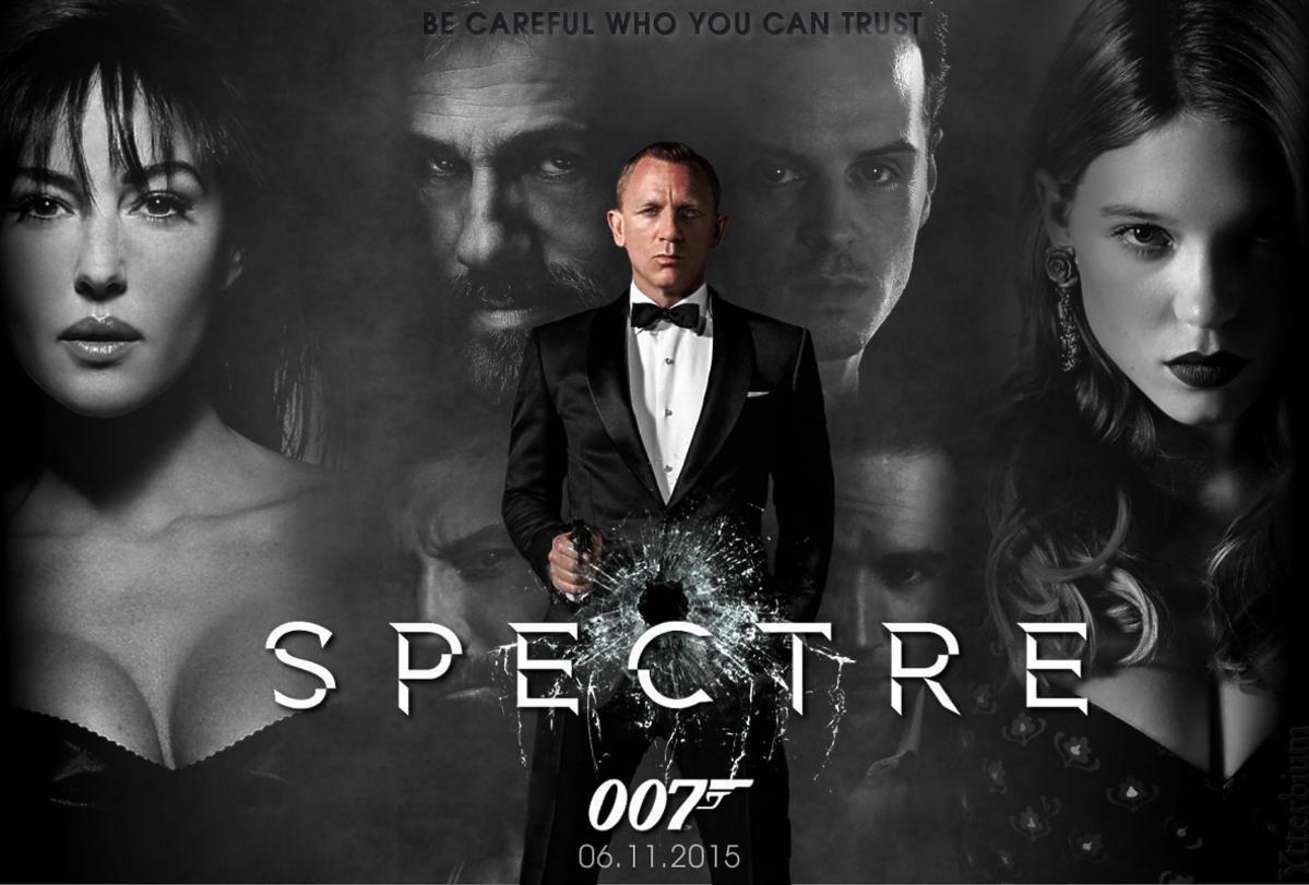 Czarno bialy plakat filmu o Bondzie Spectre