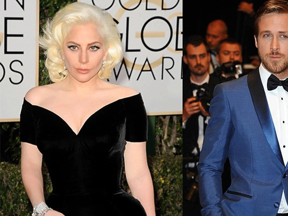 Ryan Gosling w niebieskim garniturze, Lady Gaga w czarnej sukience w dużym dekoltem