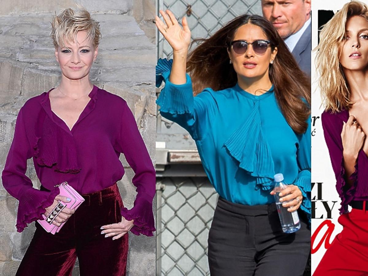 Małgorzata Kożuchowska , Salma Hayek , Anja Rubik w koszuli marki Gucci filoetowej i niebieskiej
