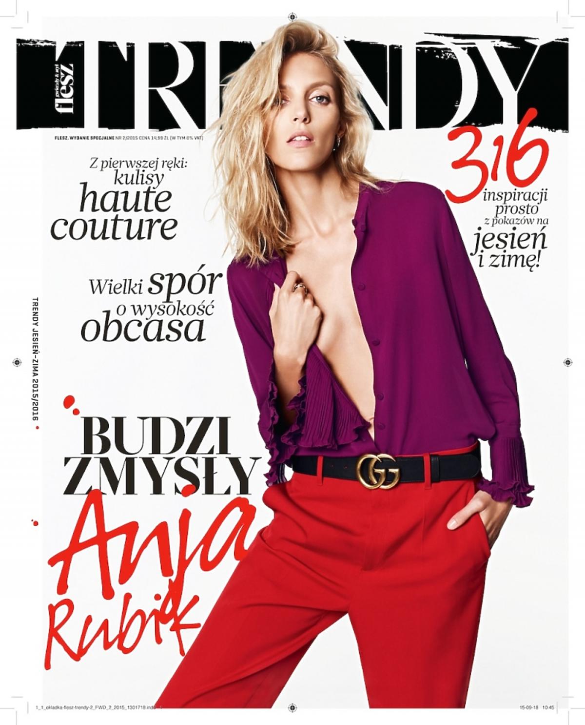 Anja Rubik na okładce magazynu Flesz Trendy w czerwoych spodniach i fioletowej koszuli