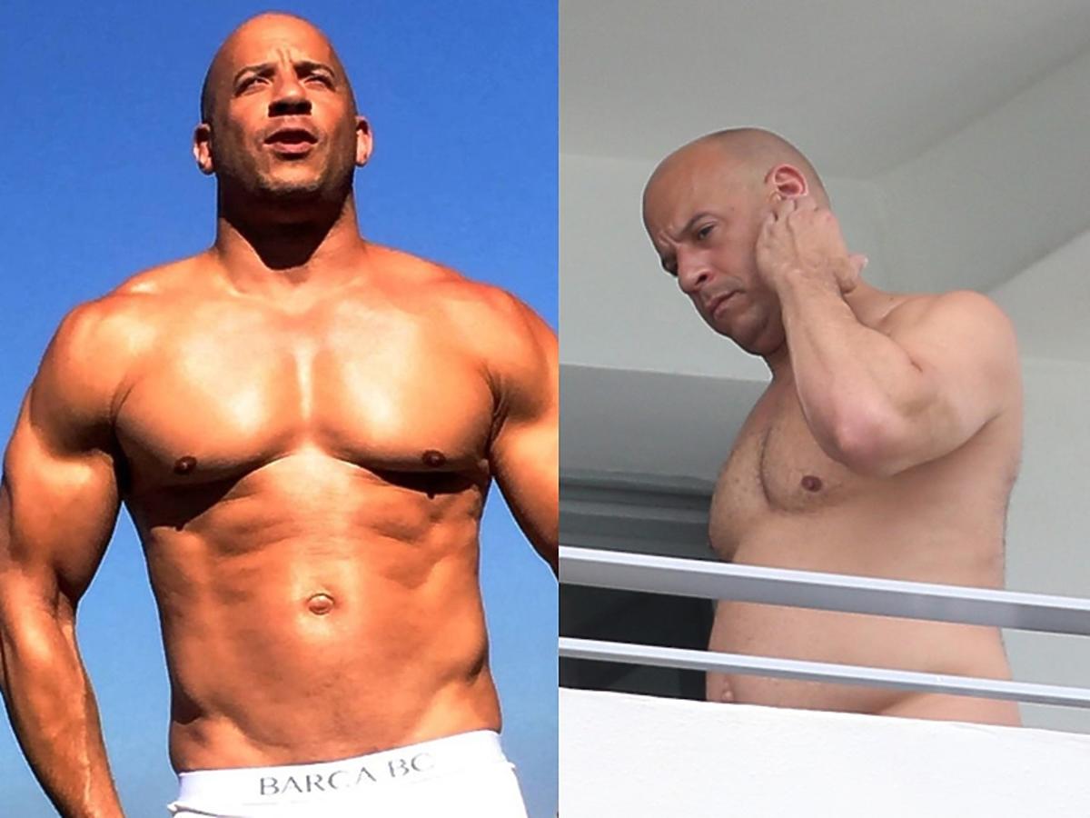 Vin Diesel na dwóch zdjęciach, porównanie nagiego torsu kiedyś i dziś.