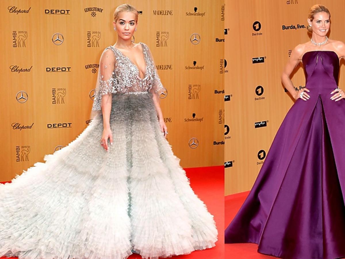 Heidi Klum, Rita Ora w srebrnej i fioletowej sukni