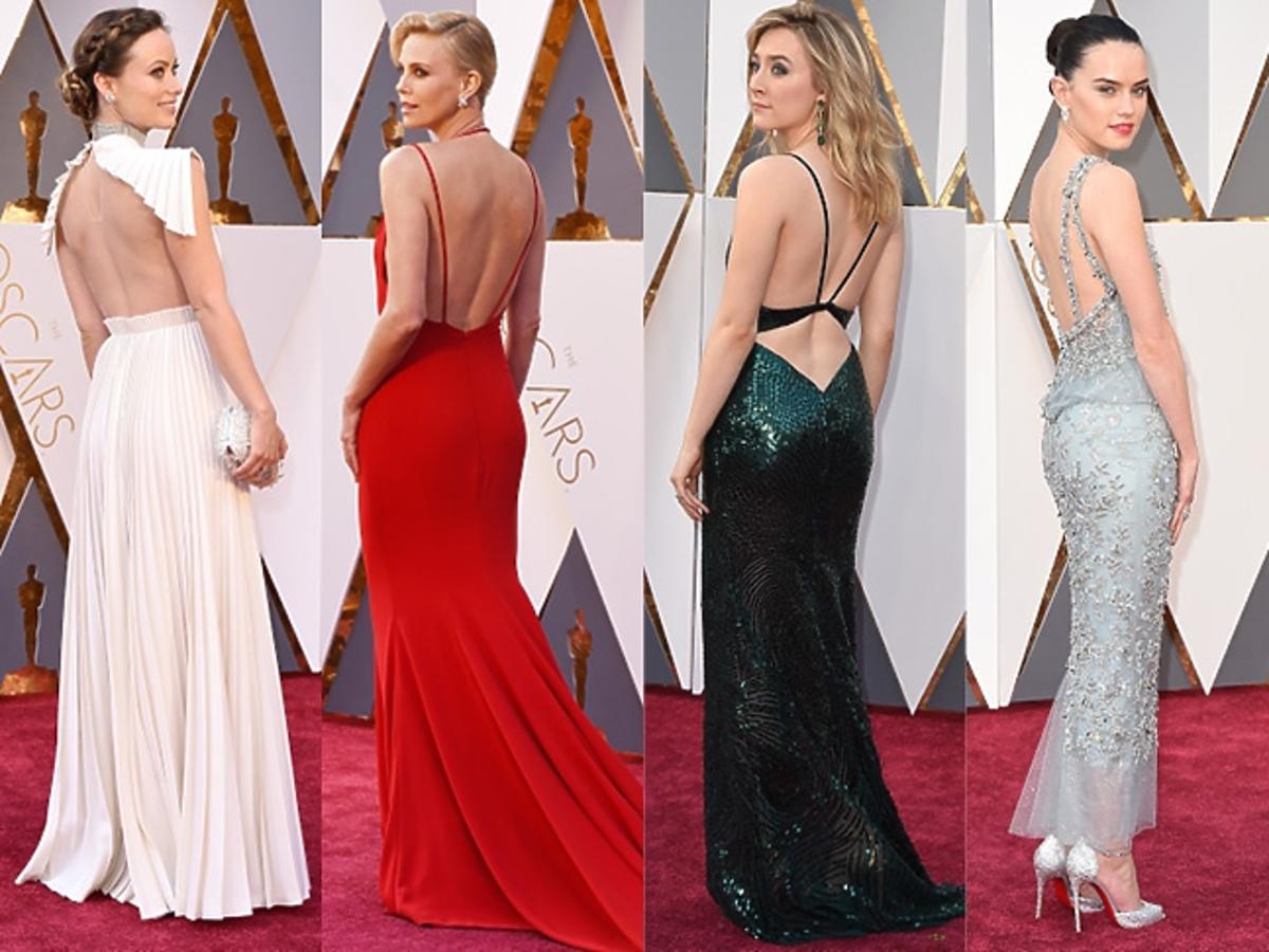 Olivia Wilde, Charlize Theron, Daisy Ridley, Rachel McAdams, Saoirse Ronan w sukniach z gołymi plecami