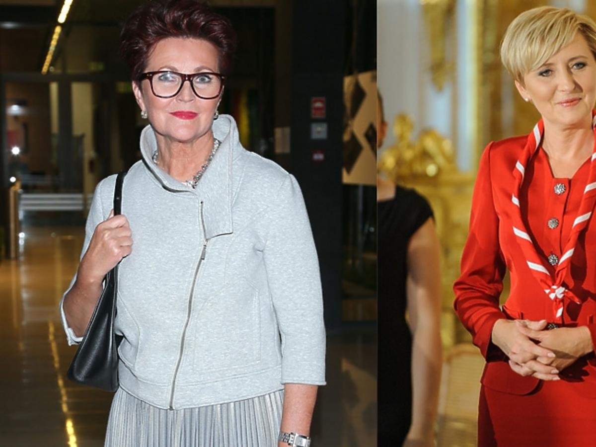 Agata Duda w czerwonym kostiumie, Jolanta Kwaśniewska w szarym żakiecie
