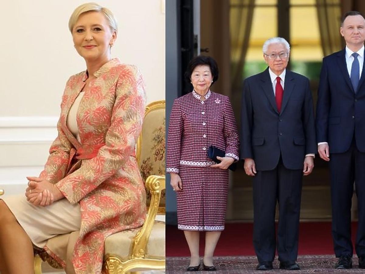 Agata Duda w kolorowej stylizacji na spotkaniu z prezydentem Singapuru