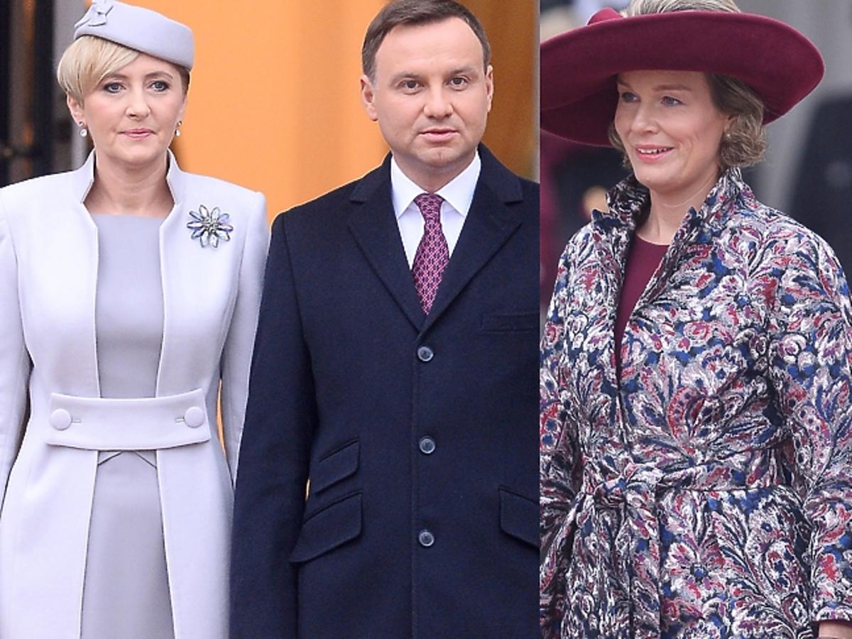 Agata i Andrzej Duda podczas powitania belgijskiej pary królewskiej