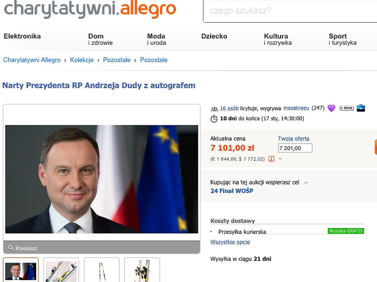 Andrzej Duda wspiera WOŚP - wystawił narty na Allegro