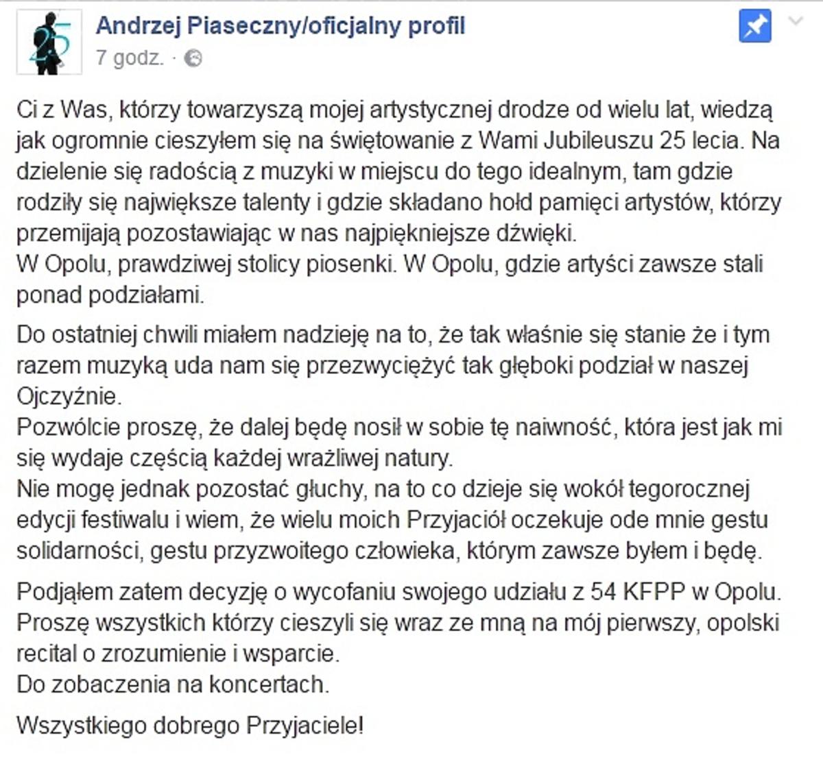 Andrzej Piaseczny rezygnuje z udziału w Festiwalu w Opolu