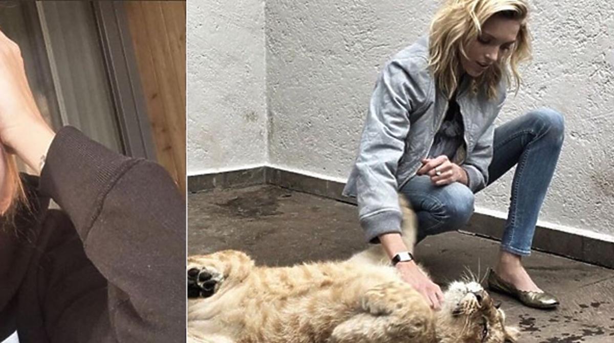 Anja Rubik w dżinsowej kurtce z lewm
