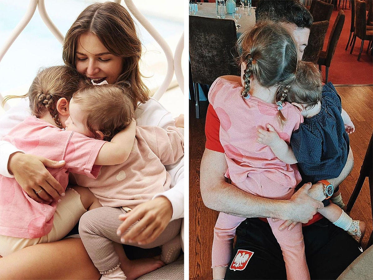 Anna Lewandowska i Robert Lewandowski przytulają Laurę i Klarę