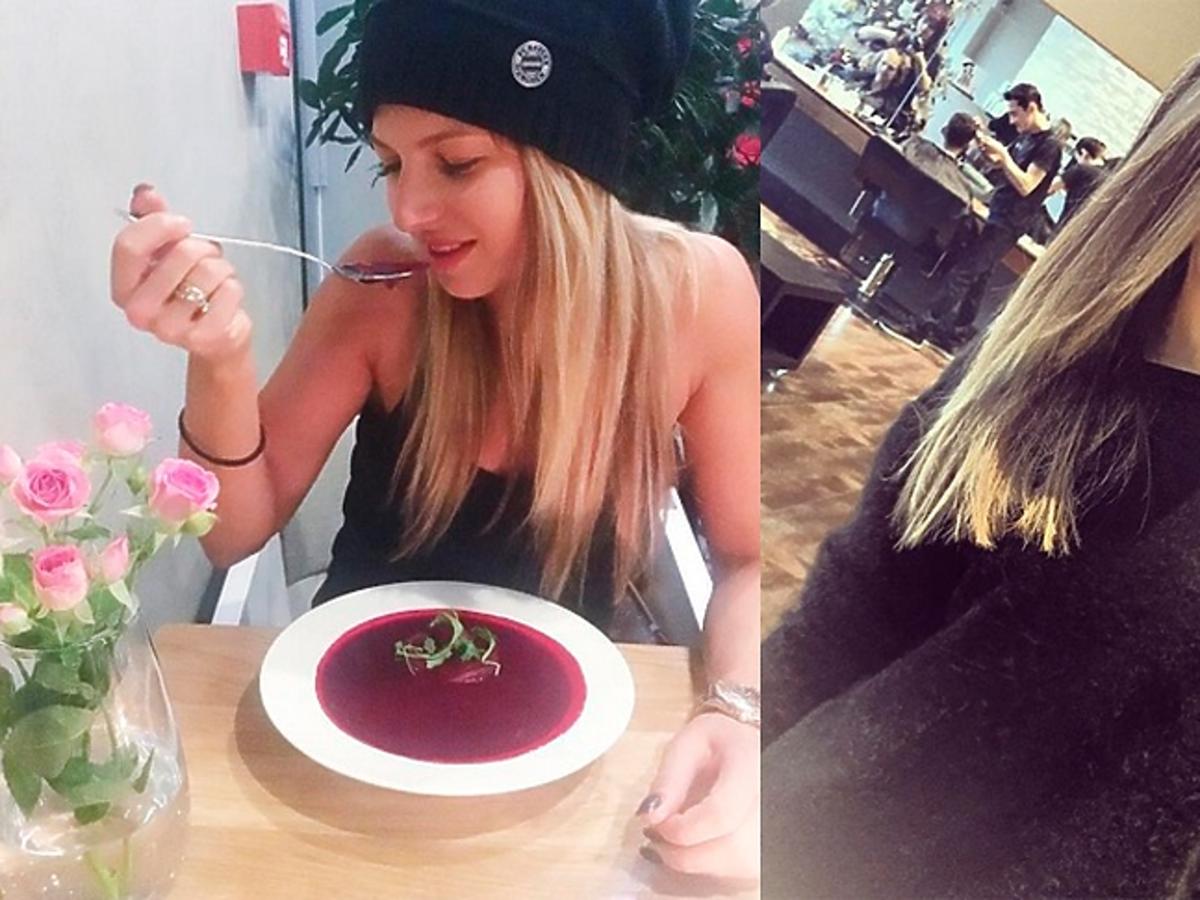 Anna Lewandowska w kolorze blond i je zupę i Ewa Chodakowska w kolorze blond robi sobie selfie