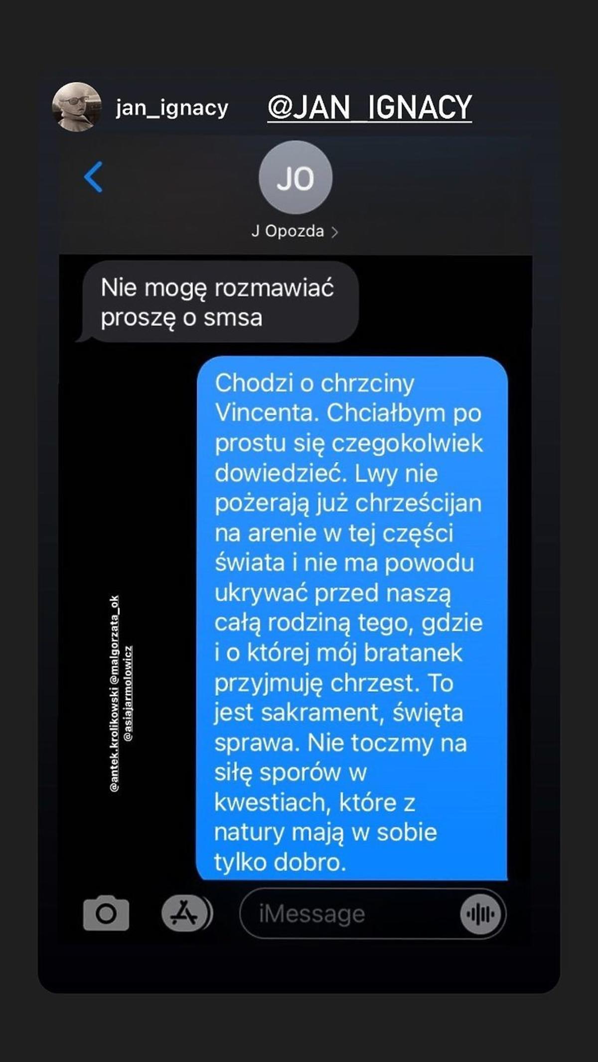 Antoni Królikowski publikuje treść SMS-ów do Joanny Opozdy przed chrzcinami Vincenta