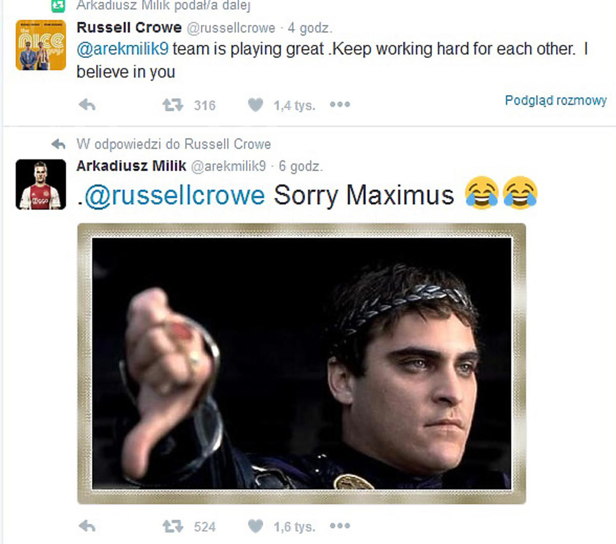 Arkadiusz Milik odpowiedział Russellowi Crowe 