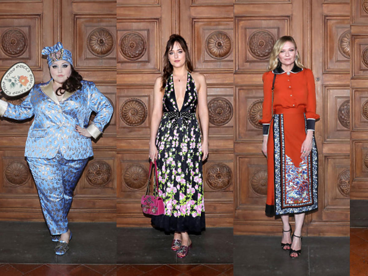Beth Ditto, Dakota Johnson, Kirsten Dunst i Salma Hayek na pokazie Gucci cruise 18