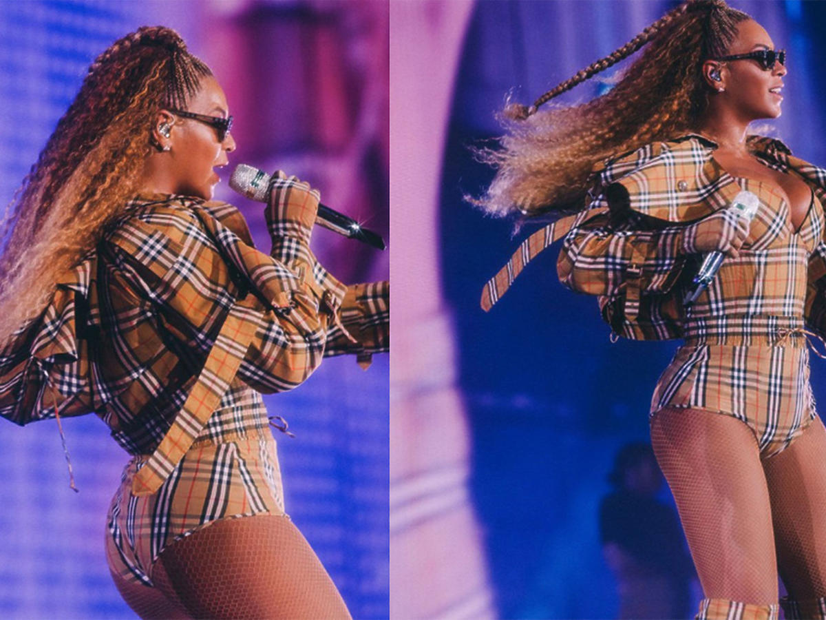 Beyonce w total looku w kratkę Burberry