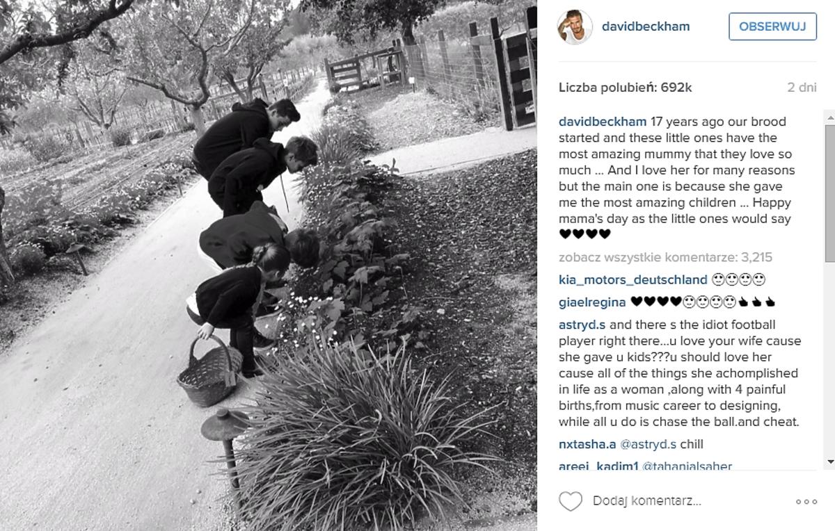 Czarno-białe zdjęcie na Instagramie Davida Beckhama