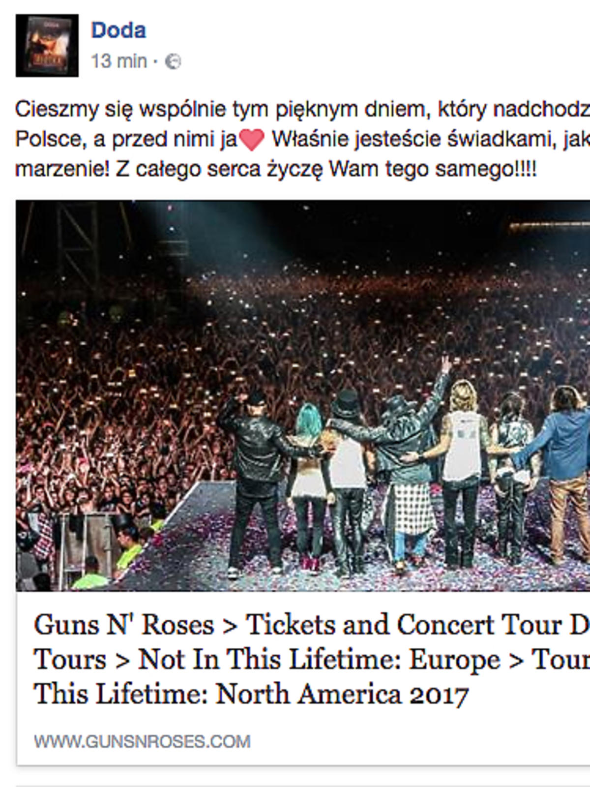 Doda zagra support przez zespołem Guns N'Roses