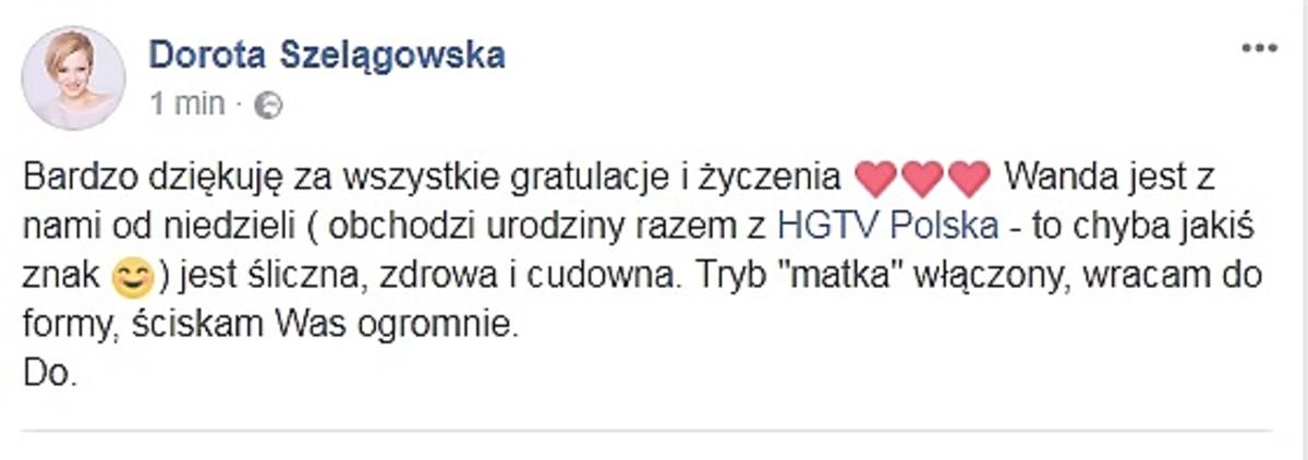 Dorota Szelągowska potwierdziła urodzenie dziecka