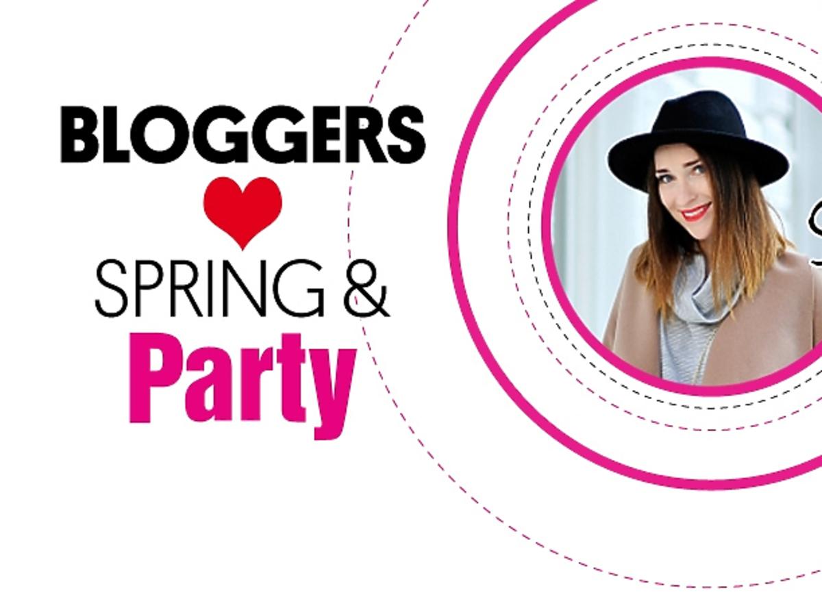 Dziewczyna w różowym kole i napis: Bloggers Spring & Party
