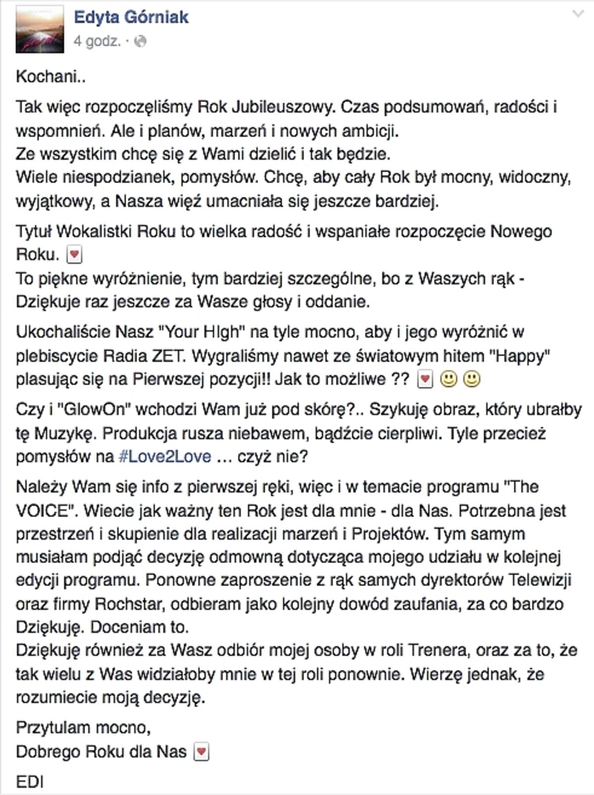 Edyta Górniak nie wystąpi w The Voice of Poland 6