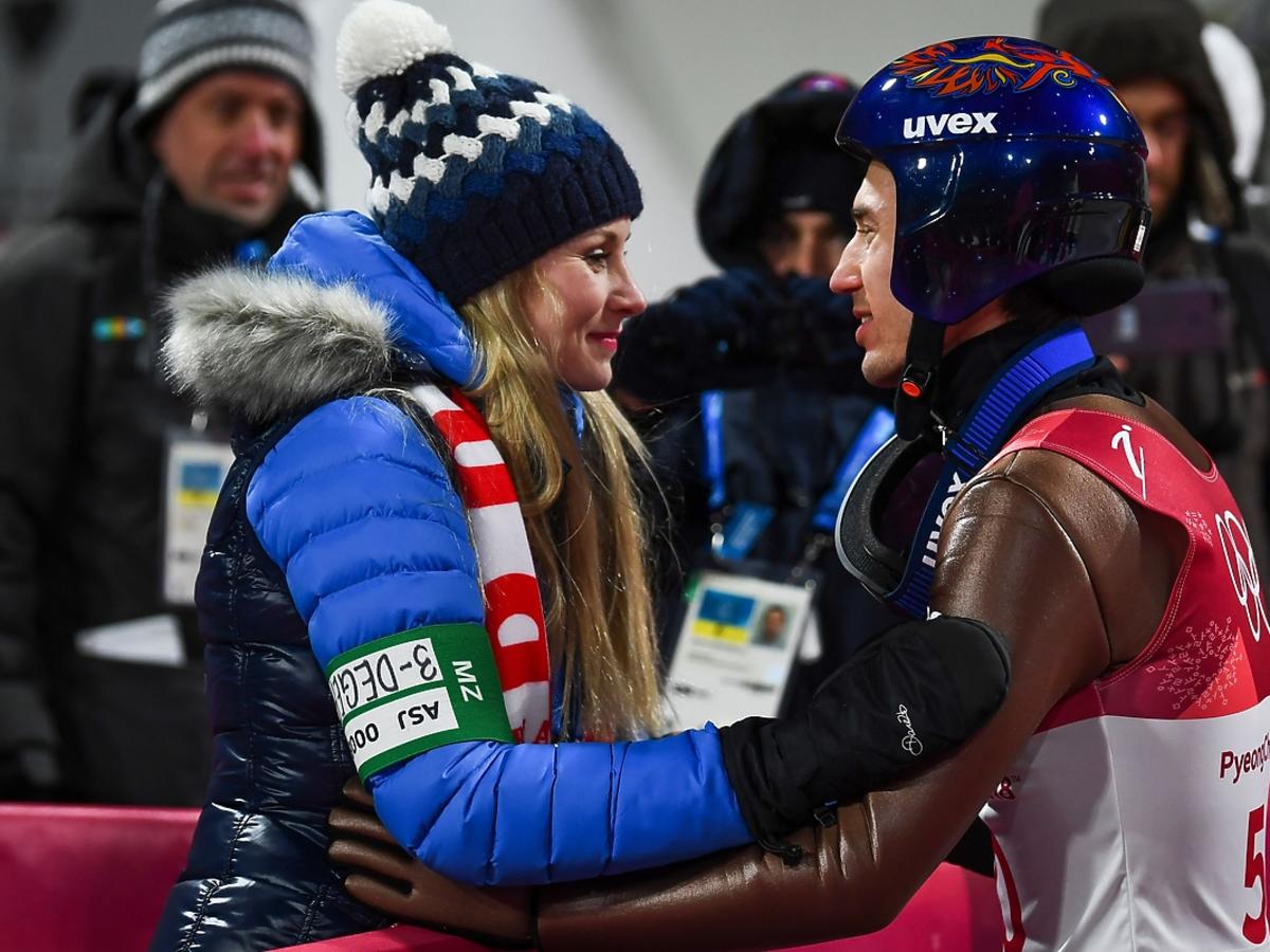 Ewa Bilan Stoch gratuluje mężowi Kamilowi mistrzostwa olimpijeskiego w Pjongczangu