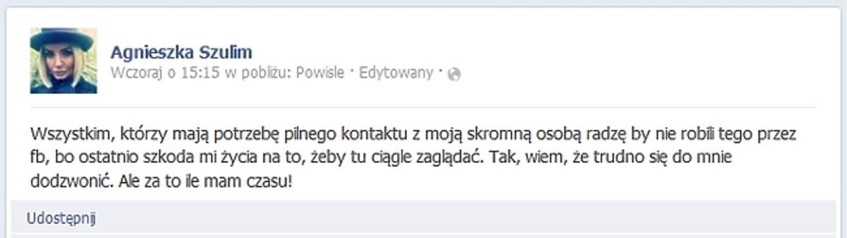 Facebook Agnieszki Szulim