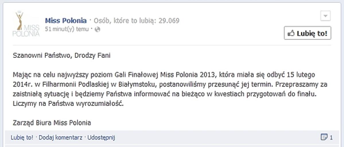 Finał Miss Polonia przełożony