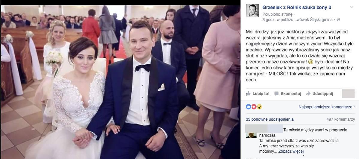 Grzesiek z Rolnik szuka żony zostawił wpis o ślubie na Facebooku