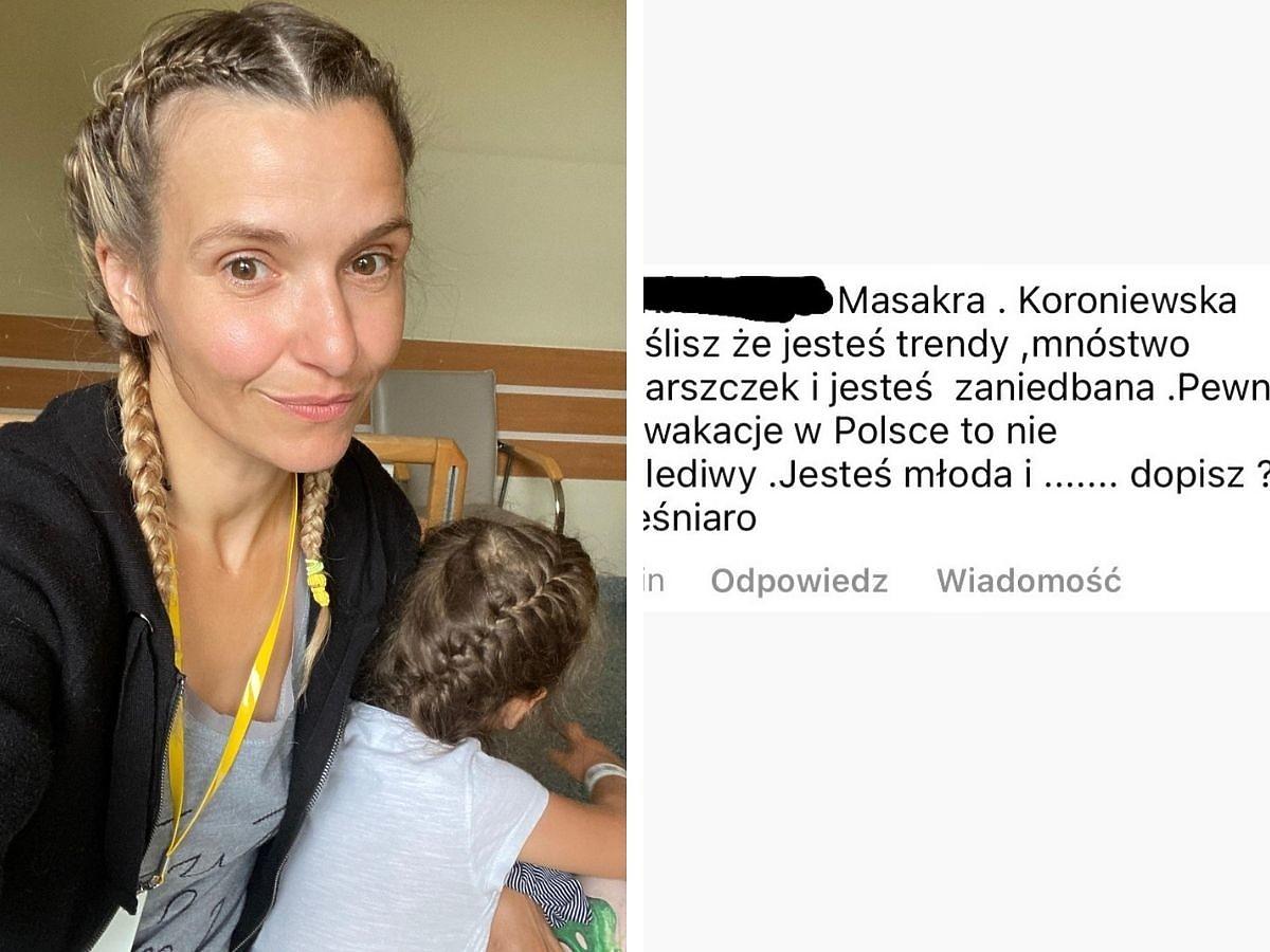 Joanna Koroniewska trzyma córkę na kolanach i pokazuje obraźliwy komentarz od internautki
