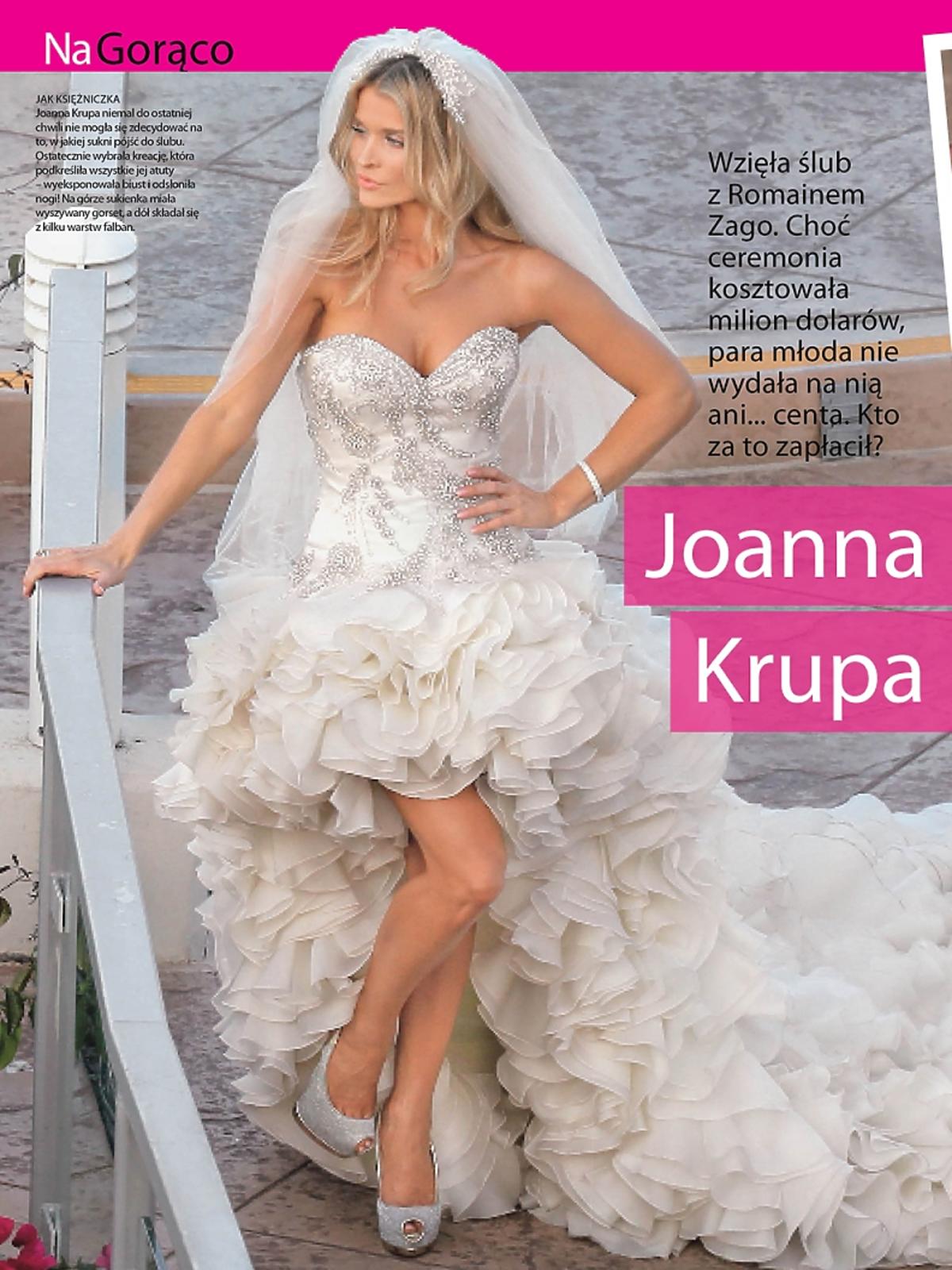 Joanna Krupa w sukni ślubnej z falbanami, welonem i bransoletką
