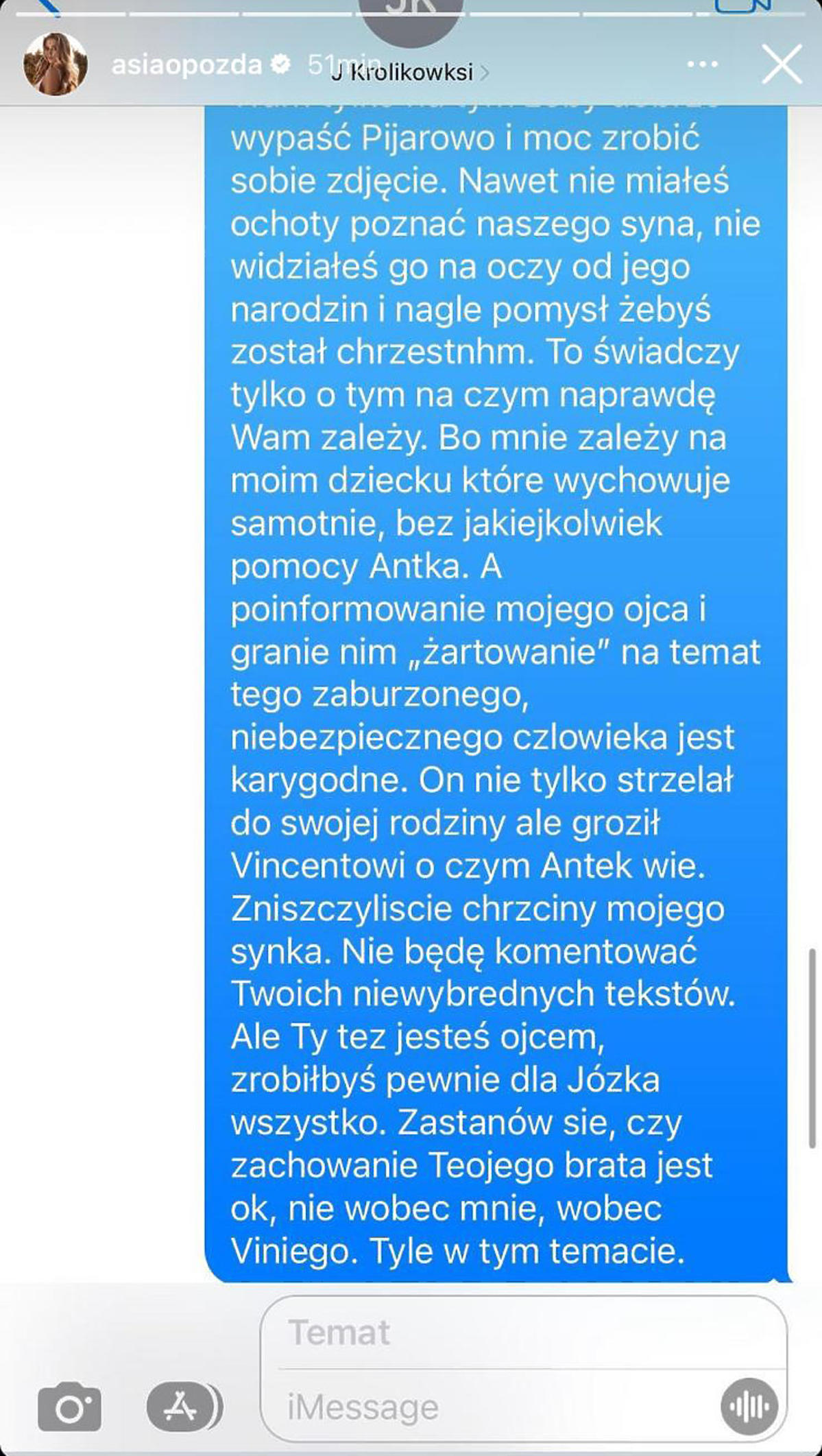 Joanna Opozda pokazała smsy z Antonim Królikowskim i jego bratem przed chrztem syna