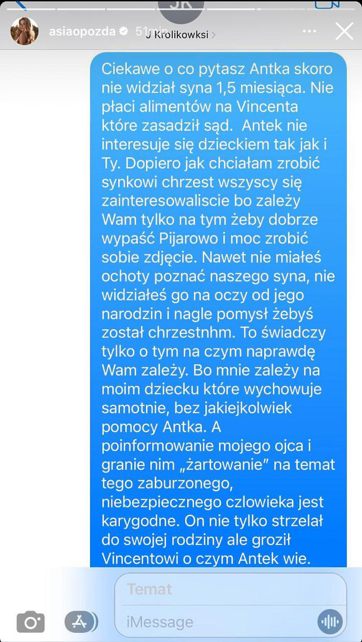 Joanna Opozda pokazała smsy z Antonim Królikowskim przed chrztem syna