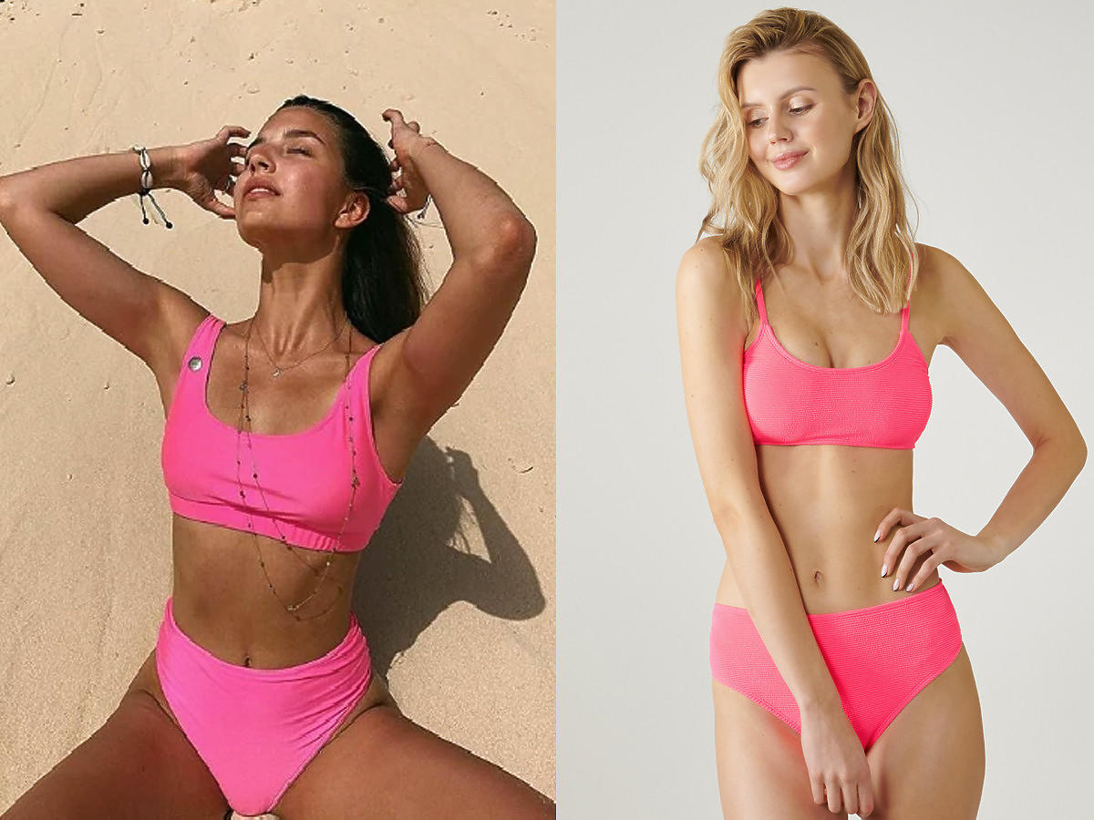 Julia Wieniawa w różowym fluorescencyjnym bikini, bikini z Sinsay za 39,99 zł