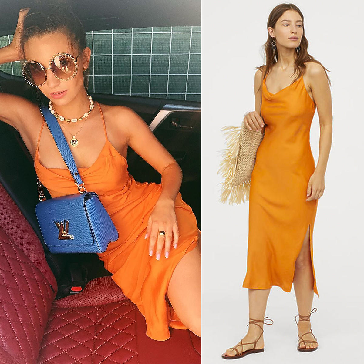Julia Wieniawa w sukience z H&M pomarańczowej na ramiączkach