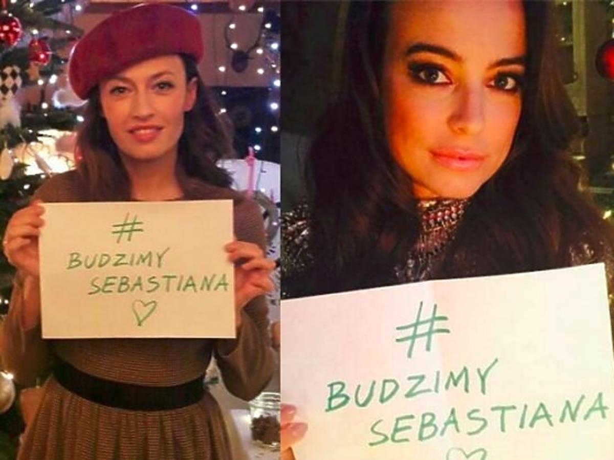 Katarzyna Zielińska, Anna Mucha, Madgalena Różczka z kartkami z napisem #BudzimySebastiana