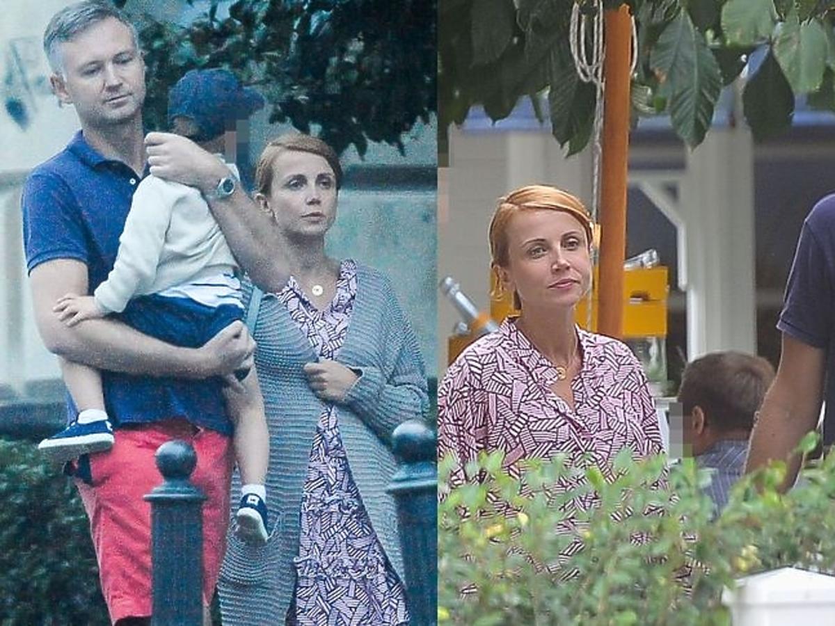 Katarzyna Zielińska z synem i mężem w restauracji