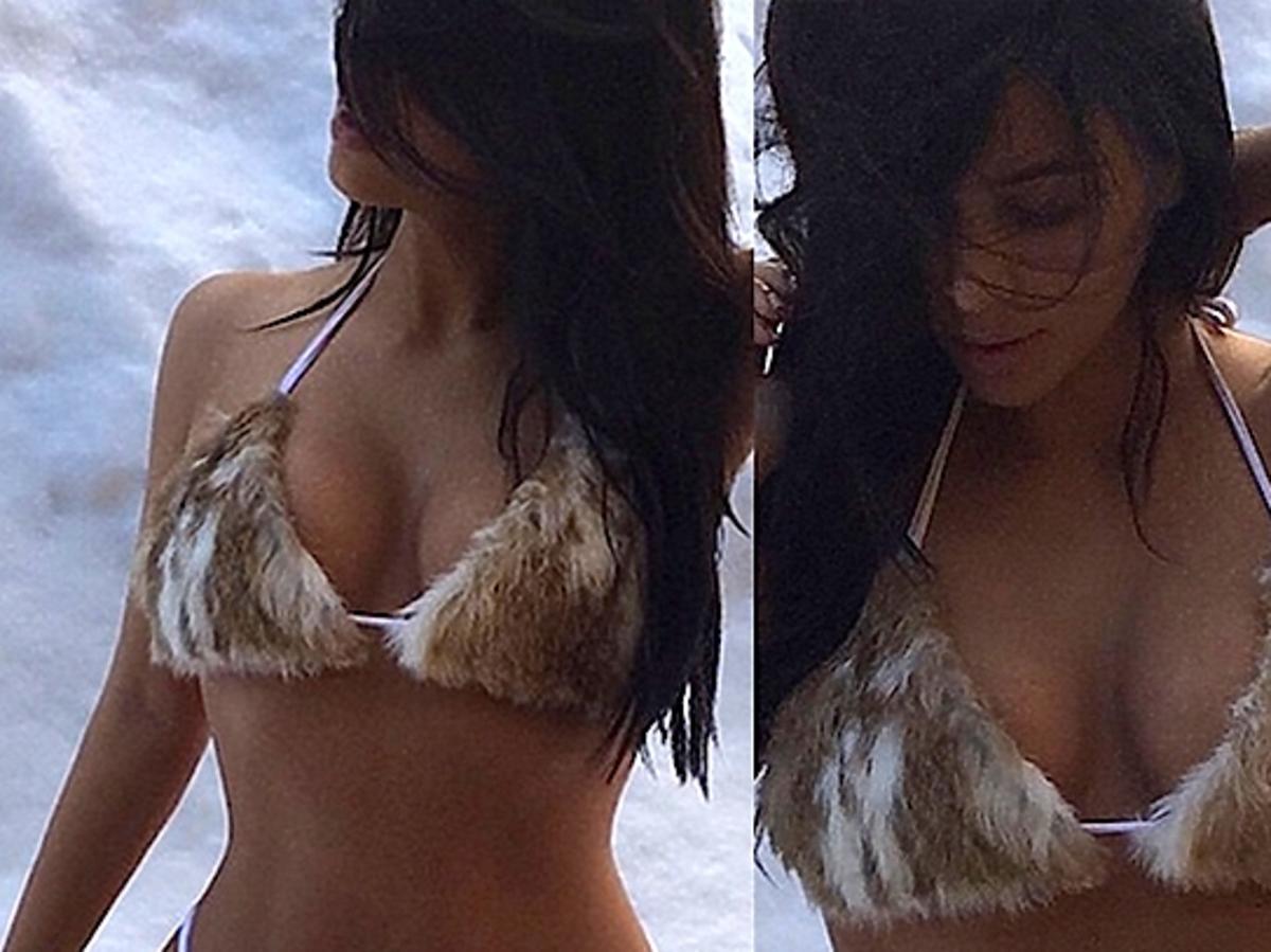Kim Kardashian w futrzanych stringach na śniegu