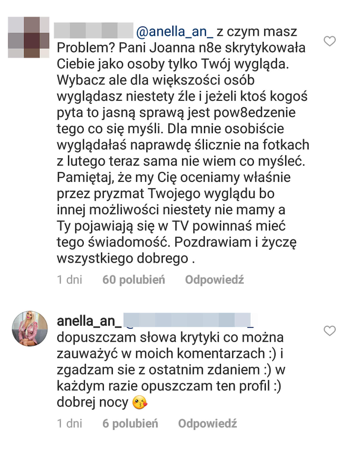 Komentarze Anelli na profilu Joanny Przetakiewicz