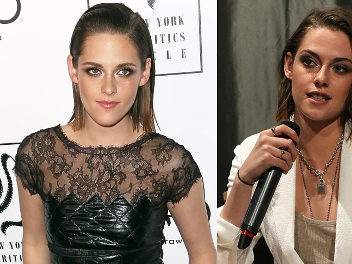 Kristen Stewart w czarnej bluzce oraz w białym garniturze