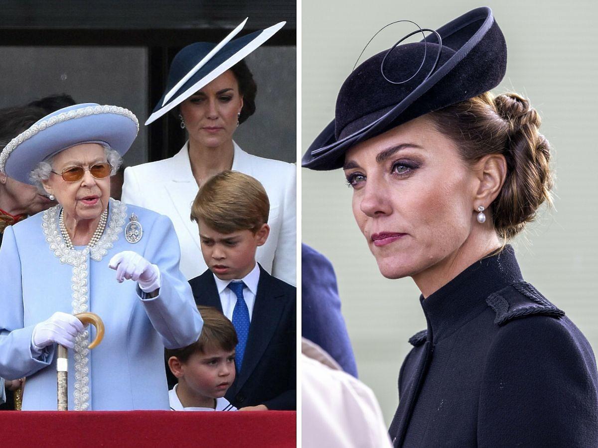 Królowa Elżbieta II z wnukami. Obok Kate Middleton smutna w żałobnym stroju 