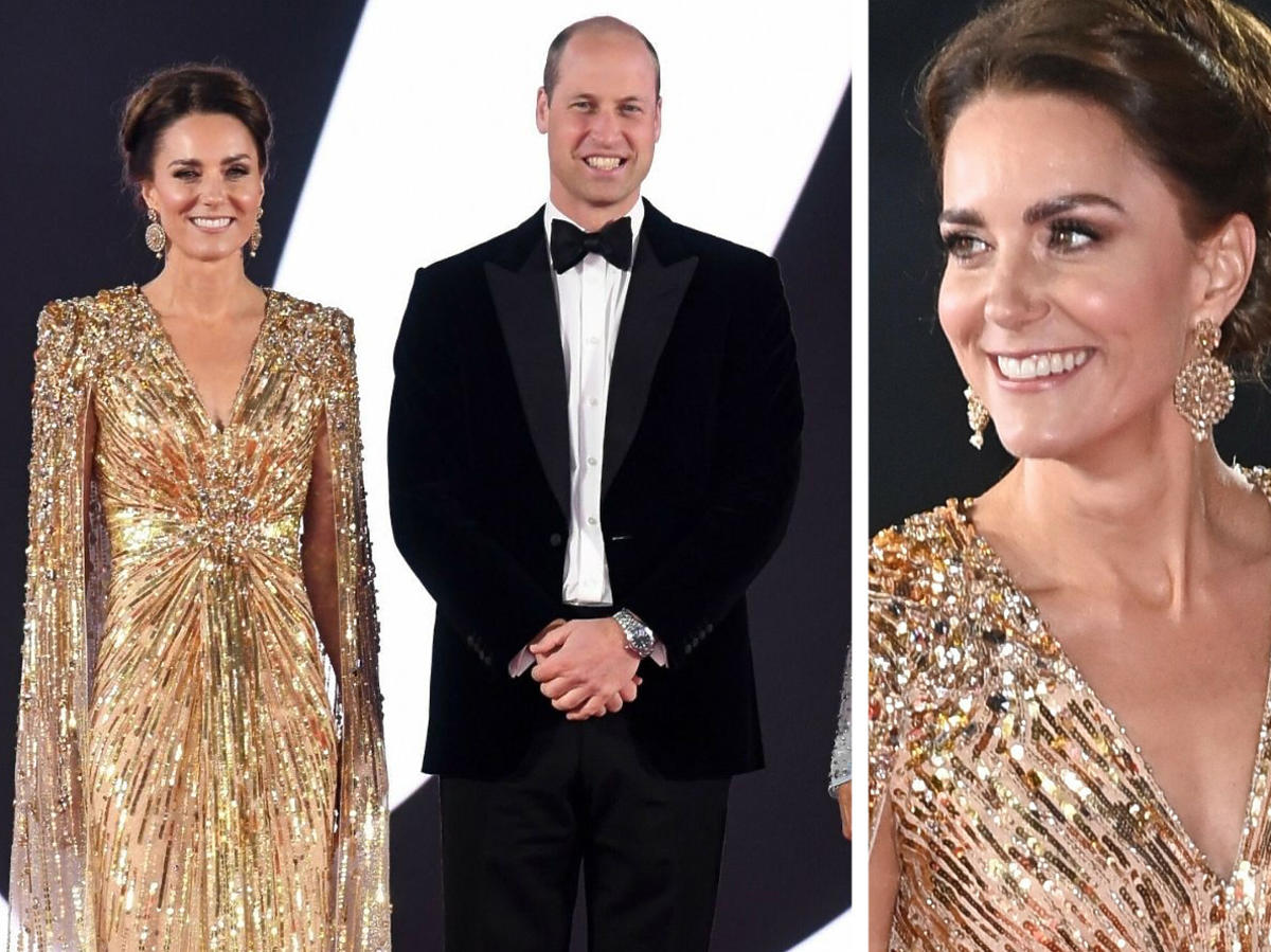 Księżna Kate na premierze Jamesa Bonda w złotej sukni
