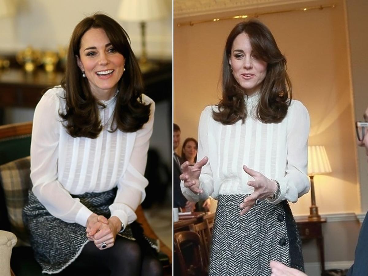 księżna Kate w białej bluzce