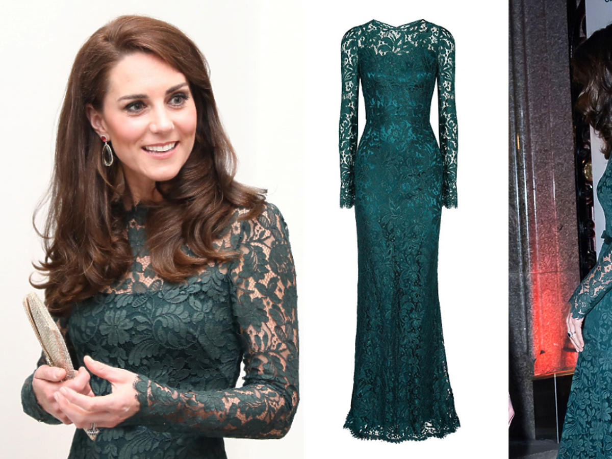 Księżna Kate w długiej, zielonej, koronkowej sukni Temperley London