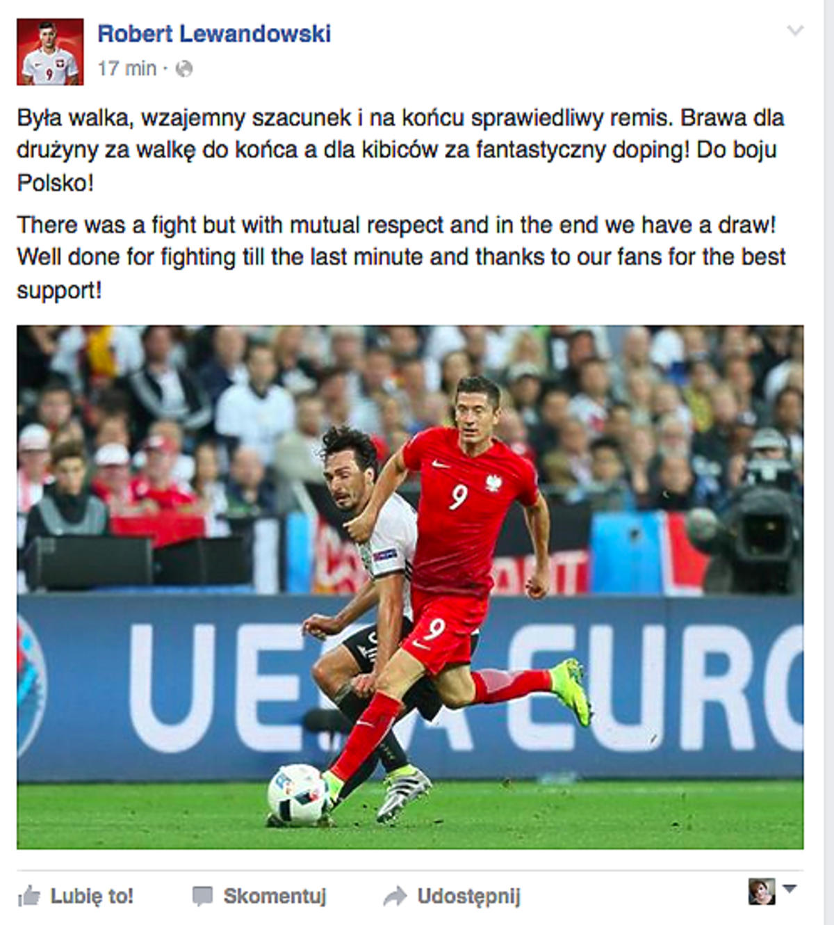Lewandowski po meczy z Niemcami dziekuje