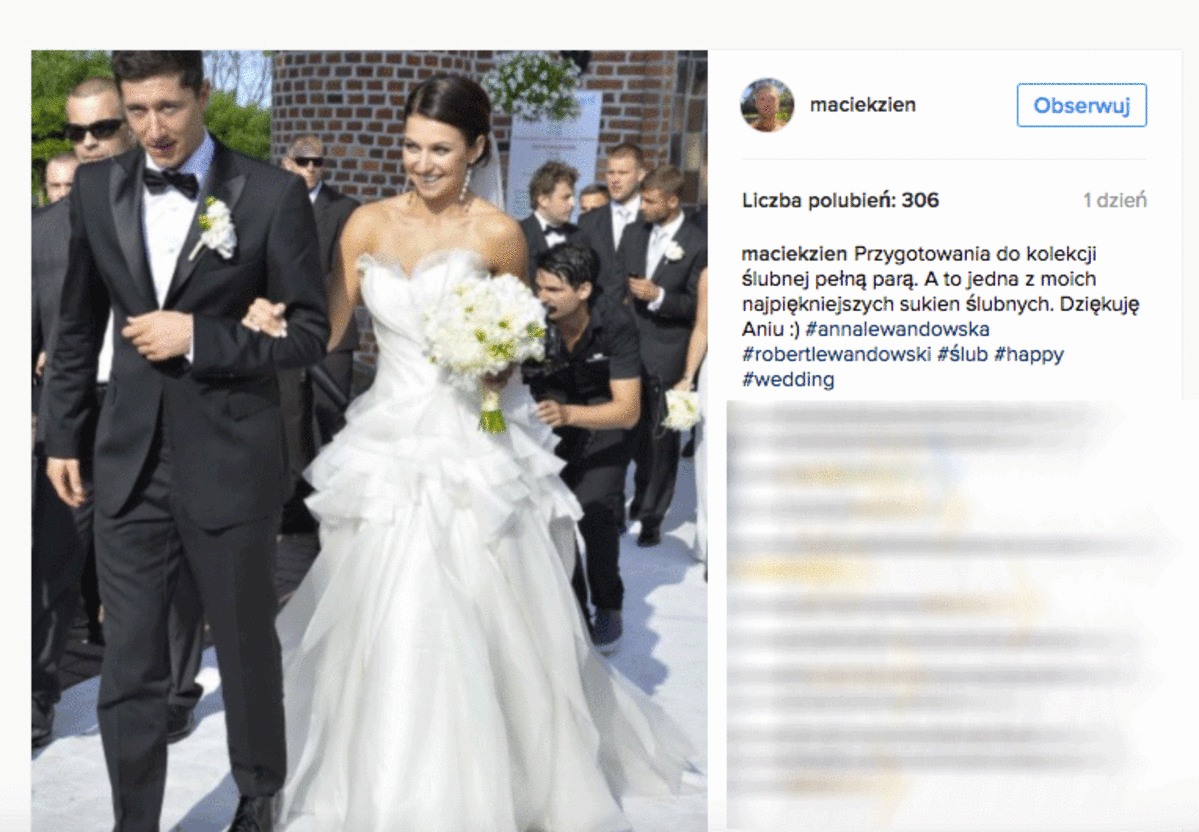 Maciej Zień o sukni ślubnej Anny Lewandowskiej na Instagramie
