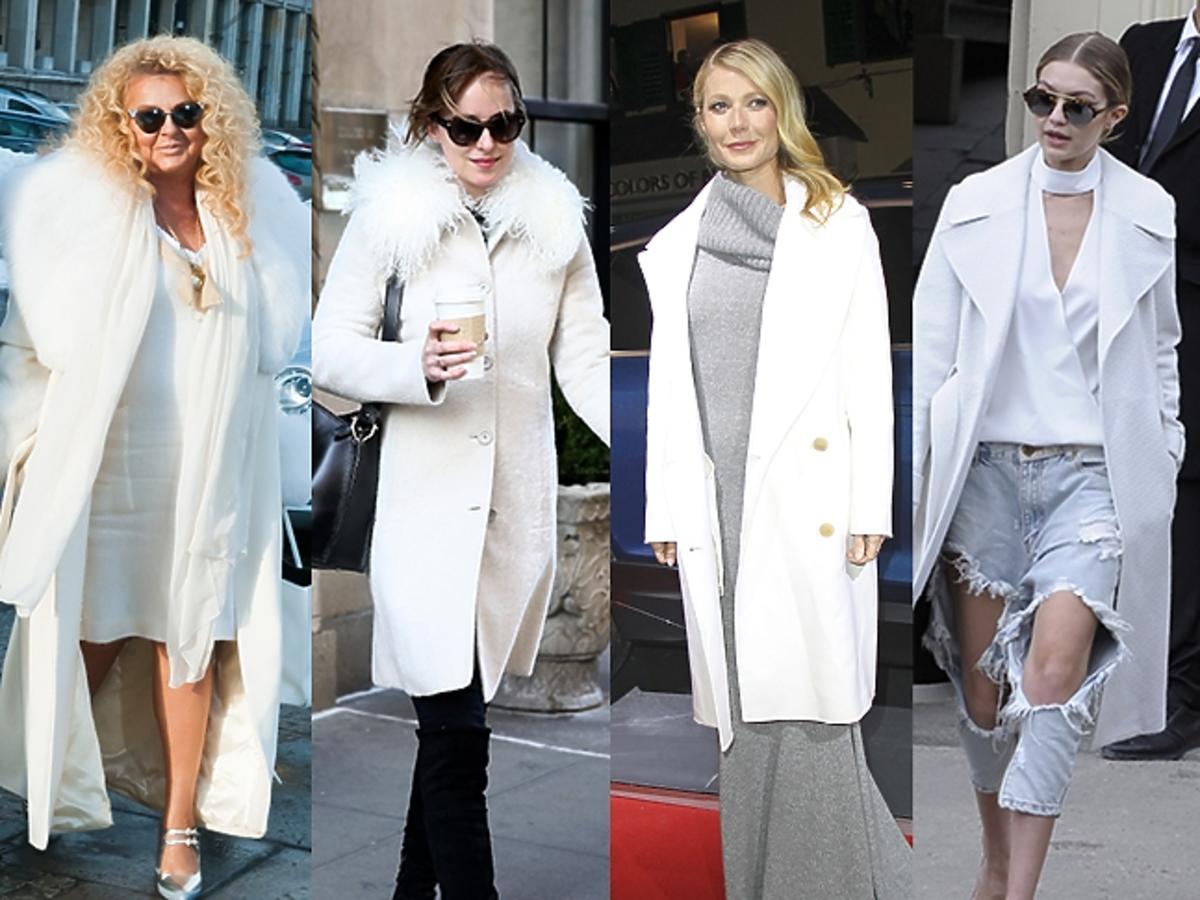 Magda Gessler, Dakota Johnson, Gwyneth Palthrow, Gigi Hadid, Olga Kurylenko w białych płaszczach