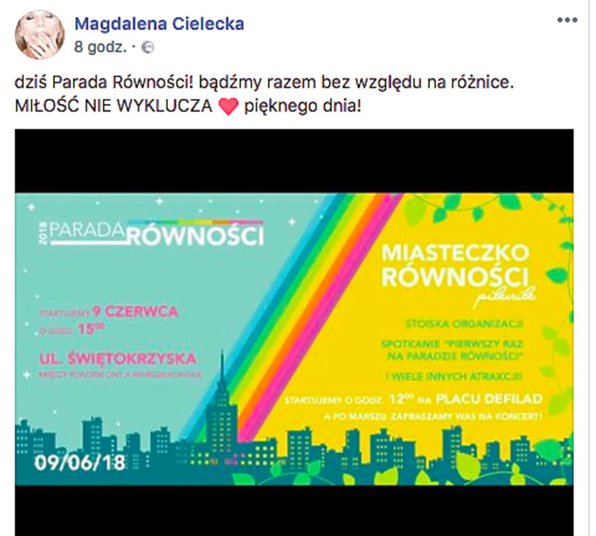 Magdalena Cielecka wspiera paradę równości