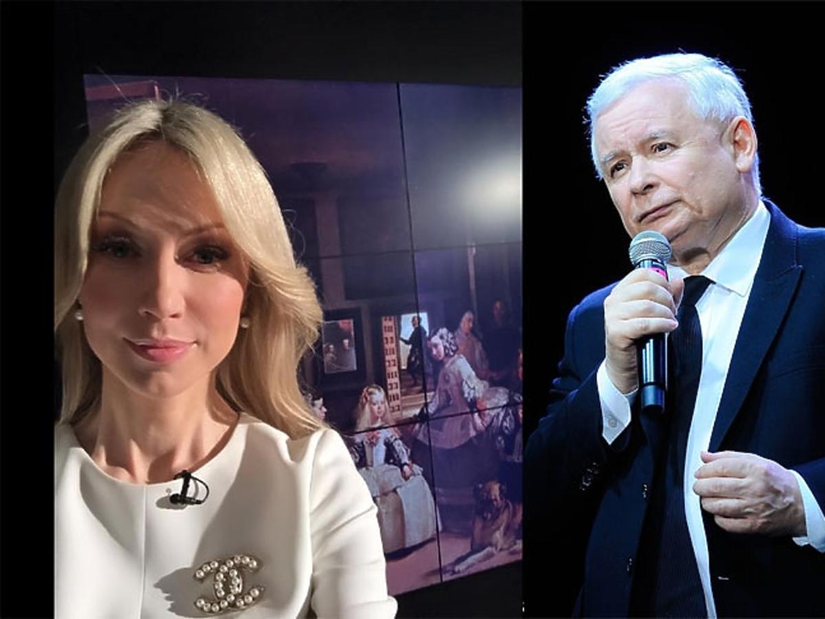 Magdalena Ogórek w białej sukience, Jarosław Kaczyński w ciemnym garniturze