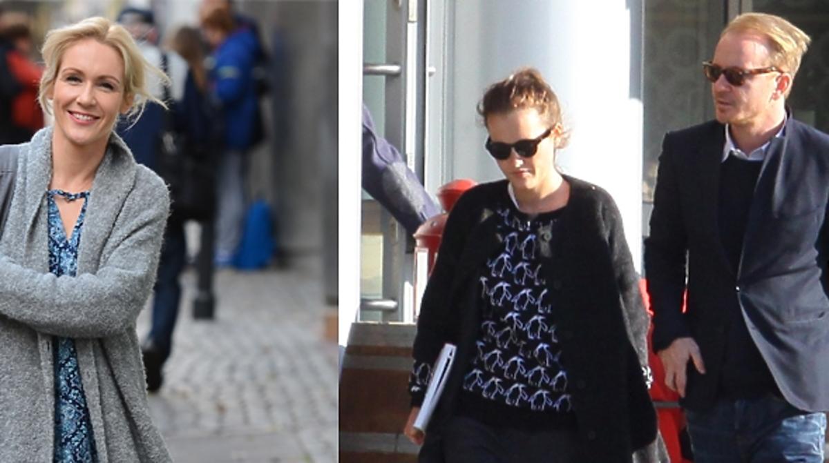Małgorzata Ohme w szarym płaszczu, Jacek Borcuch w okulrarach przeciwsłonecznych , Olga Frycz na ulicy
